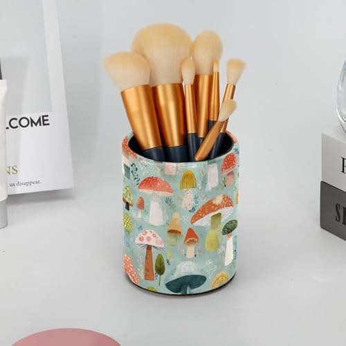 Faux Leather Pen Holder for Desk, Pencil Organizer Mushroom Pen Cup Desk Decor Makeup Brush Holder Storage for Office Home