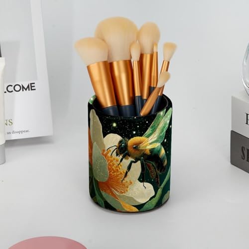Faux Leather Pen Holder for Desk, Pencil Organizer Bee Pen Cup Desk Decor Makeup Brush Holder Storage for Office Home