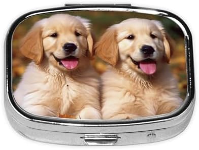 Golden Retriever Dogs Puppies Pets Pill Box 2 Compartment Medicine Pill Organizer Square Pill Case for Purse & Pocket Travel Pillbox Portable Metal Medicine Vitamin Fish Oil Organizer Unique Gift