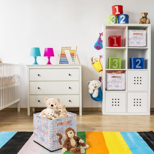 Storage-Basket with Handle Personalized Decor-Organizer-Bins for Bedroom Collapsible Laundry Basket as Gifts for Girls Boys Baby Adults Floral Plaid Storage-Bins