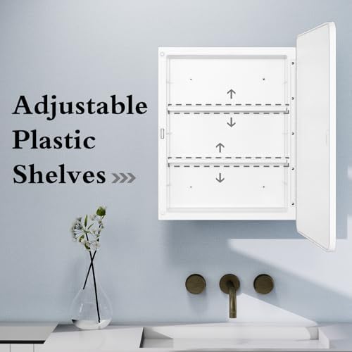 White 16x22 Medicine Cabinet, Bathroom Mirror with Adjustable Storage Shelf | White Bathroom Wall Cabinet with 2 Adjustable Plastic Shelves, Reversible Door; Pre-Assembled for Recessed/Surface Mounting