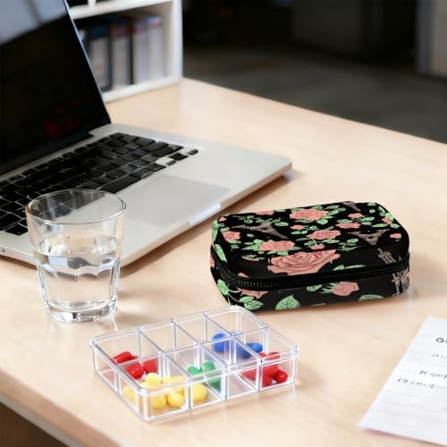 Travel Pill Organizer Pink Rose Eiffel Tower Pattern Small Pill Case