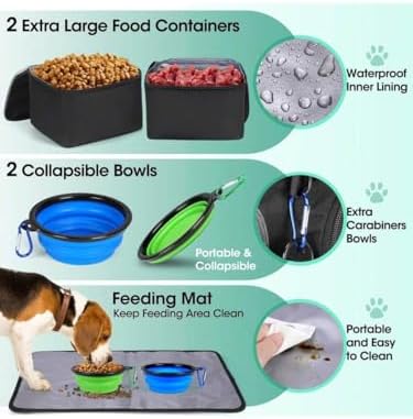 Premium Large Dog Travel Bag Weekend Pet Supplies Organizer Kit with 2 Extra Large Food Containers 2 Collapsible Bowls 1 Feeding Mat Multi Pocket (Black)
