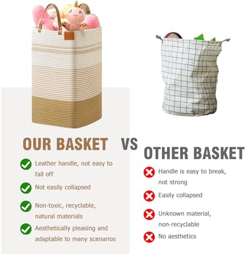 danpinera Large Laundry Hamper – 75L Tall Woven Cotton Storage Basket with Leather Handles, Slim Dirty Clothes Hamper, Decorative Storage Basket for Blanket,Toys White & Jute