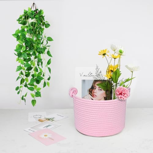 ABenkle Small Woven Basket, Cotton Rope Shelf Storage Basket, Small Round Basket, Cute Basket, Decorative Round Bin for Nursery Bedroom Bathroom, 9.4" x 9.4"x 7.1" Empty Gift Basket- Pink