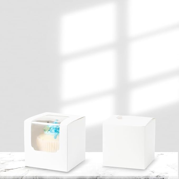 ihomecooker 25 Pcs Single White Cupcakes Containers Gift Boxes with Window Inserts Handle for Wedding Candy Boxes (25P-White)