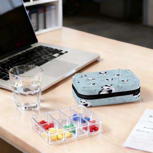 Weekly Pill Organizer Travel Size Bag with Removable 7 Day Pill Box Portable Vitamin Case Purse with Zipper,Panda On Branch Snowy