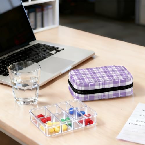 Travel Pill Organizer Purple White Plaid Pattern Small Pill Case