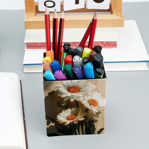 Wooden Board and Daisies Pen Holder for Desk Decor, Rectangular PVC Leather Pencil Cup for Desk Pen Organizer, Makeup Brush Holder for School, Home, Office