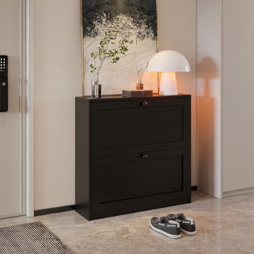 VOWNER Shoe Cabinet with 2 Flip Drawers, Freestanding Shoe Storage Cabinet with Adjustable Shelf & Anti-Tipping Device, Shoe Rack for Entryway, Hallway, Living Room (Black)