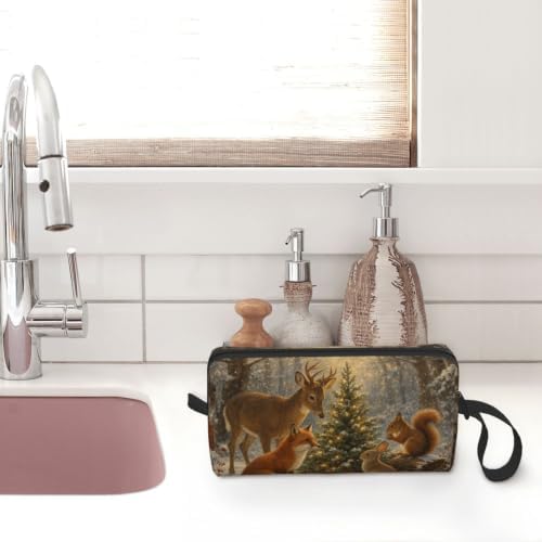 Woodland Christmas Gathering Makeup Bag for Women, Cosmetic Pouch | Double-Sided Woodland Christmas Cosmetic Organizer with Foam Padding for Women, Travel, Gym, School, and Daily Storage