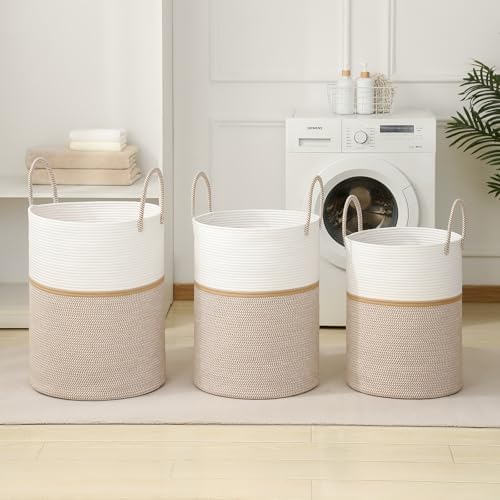 Laundry Basket Hamper Tall Rope Storage Woven for Blanket toys Dirty Clothes in Living Room Bathroom Bedroom (Blend White & Camel, 60L/15.8Gal)