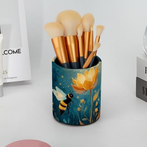 Faux Leather Pen Holder for Desk, Pencil Organizer Bee Pen Cup Desk Decor Makeup Brush Holder Storage for Office Home