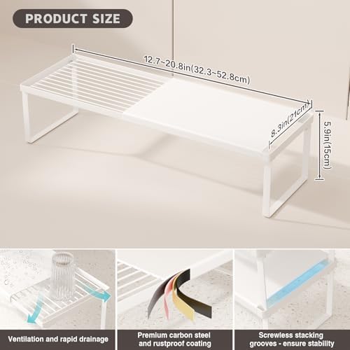 Magheo Expandable Cabinet Shelf Organizer, 1 Pack Stackable Kitchen Counter Shelf Riser, Metal Spice Rack Heavy Duty Countertop Organizer Storage for Kitchen, Pantry, Cupboard, Rv (5.9in Height,White)