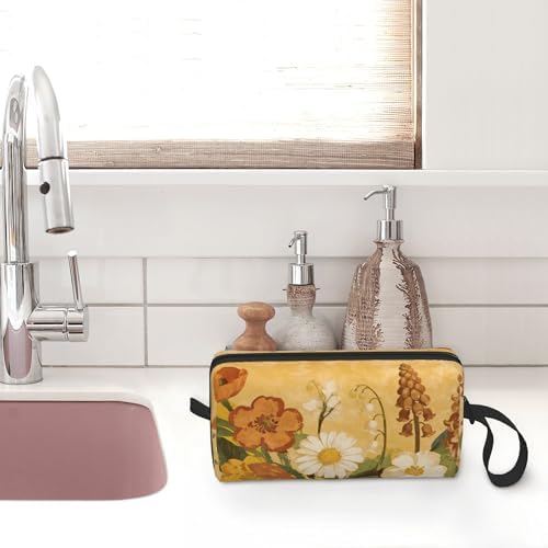 Vintage Floral Print Makeup Bag for Women with Wrist Strap | Durable 600D Oxford Fabric Cosmetic Organizer,Compact Travel Pouch with Handle for Gym & Daily Use