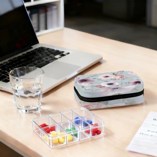 Travel Pill Organizer Watercolor Light Blue Pink Flower Pill Case