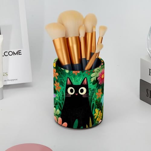 Faux Leather Pen Holder for Desk, Pencil Organizer Black Cat Pen Cup Desk Decor Makeup Brush Holder Storage for Office Home