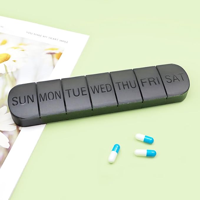 Pill Organizer Large, Travel Weekly 7-Day Vitamins Case Dispenser | Matte Black, Medicine Pill Box Holder Container for Medication, Meds and Minerals, Supplements, Fish Oil, Capsules, Tablet