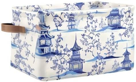 susiyo Large Closet Storage Bin Pagodas Chinoiserie Fabric Storage Baskets Collapsible Decorative Baskets Organizing Basket Bin with PU Handles for Shelves Home Closet Bedroom Living Room-2Pack