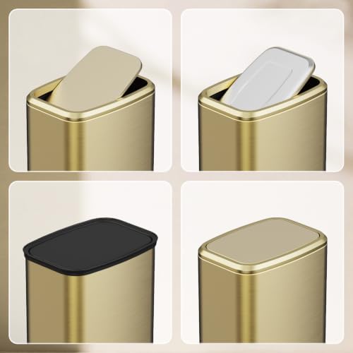 8L/2.1 Gallon Small Bathroom Trash Can with Lid, Swing-Top Rectangular Waste Bin, Stainless Steel Garbage Can for Home, Office, Toilet, Bedroom, Living-Room (Gold)