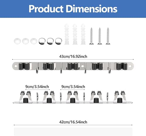 Broom Holder Wall Mounted With 5 Holders And 4 Hooks With Nails Installation Utility Room Storage Stainless Steel Broom Storage Organiser for Garage Kitchen Laundry Bathroom