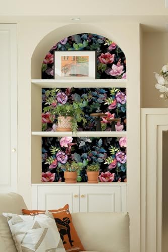 HAOKHOME Adhesive Shelf Liner Black Purple Floral Kitchen Drawer Liners | Peel and Stick Contact Paper Vintage Botanical Bathroom Cabinets Cupboard Dresser Drawers Furniture Decorative 17.3in x 6.5ft