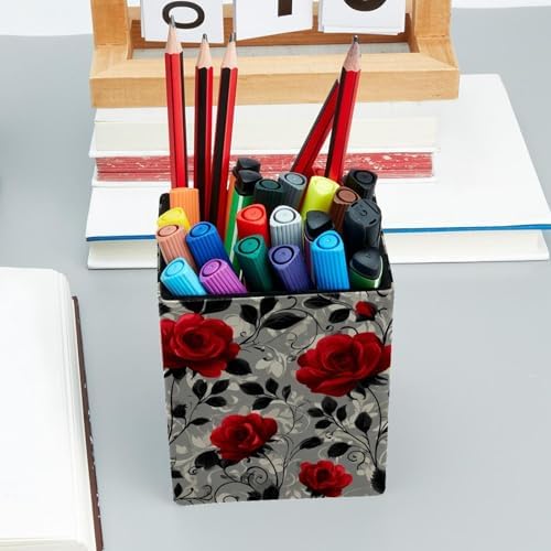 Beautiful Rose Pen Holder for Desk Decor, Rectangular PVC Leather Pencil Cup for Desk Pen Organizer, Makeup Brush Holder for School, Home, Office