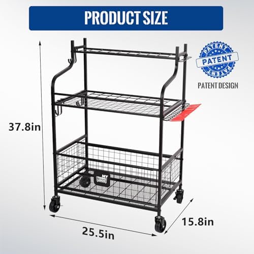 Mythinglogic Rolling Garden Tool Organizer for Garage, Yard and Lawn Tools | Metal rolling rack with multiple tool slots, movable hooks and locking casters for rakes, shovels, brooms and yard tools
