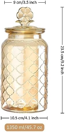 Joeyan 45 oz Amber Glass Storage Jar with Airtight Glass Lids, Vintage Embossed Food Container, Decorative Kitchen Canister Organizer for Candy, Flour, Coffee Bean, Pet Treats