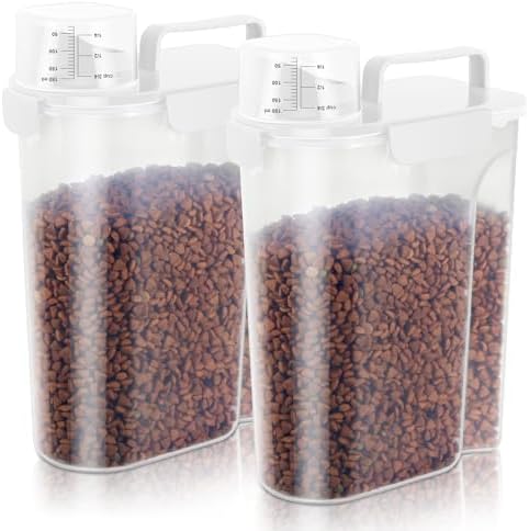 5Lbs Airtight Dog Cat Storage Container Portable with Upgraded Large Spout and Cup, Plastic Pet Food Dispenser for Small Animal Kibble, Bird Seed, Oatmeal, Rice, Flour, Brown Sugart-2 Pack Milky white
