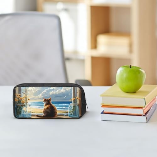 Cat on Windowsill Large Pencil Case, Durable Pen Bag Zipper Organizer Pouch for Office Travel for Women Men