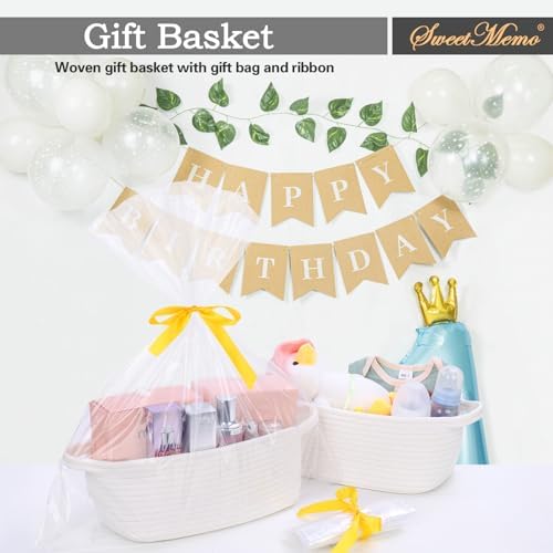 Gift Baskets Empty to Fill 4 Pack, 12x8x5 inch - Small Rectangular Woven Rope Bins for Baby Shower, Bathroom, Decor - With Gifting Wrap Bags & Ribbons - Reusable, Washable - White