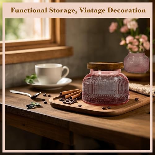 Decorative Pink Ribbed Glass Jar with Airtight Wooden Lid, 25.4 fl. oz | Wide mouth vintage storage canister, kitchen pantry bathroom organization, coffee sugar tea cookie candy candle vase gift