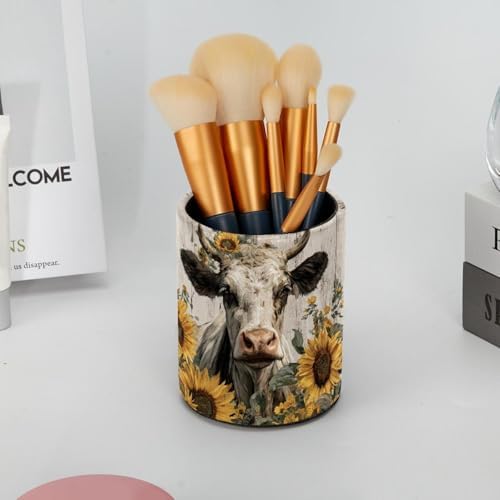 Faux Leather Pen Holder for Desk, Pencil Organizer Sunflower and Cow Pen Cup Desk Decor Makeup Brush Holder Storage for Office Home