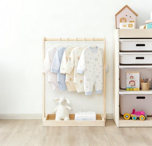 Baby Clothing Rack for Baby Shower, Pets Clothes Rack with Storage Box & Hanging Rod for Dogs Cats Dolls Clothes Display, Mini Baby Shower Crate Closet Rack (Natural)