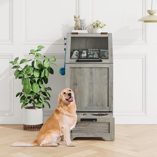 Elevated Dog Feeding Station – 2 Bowls, Storage Cabinet, Gray