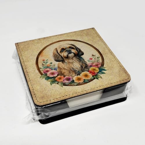 Caroline's Treasures Lhasa Apso and Flowers PU Leather Note Paper Holder with Artist-Designed Cover, Desk Accessory, Office Gift