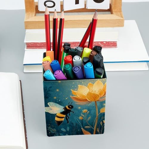 Bee Pen Holder for Desk Decor, Rectangular PVC Leather Pencil Cup for Desk Pen Organizer, Makeup Brush Holder for School, Home, Office