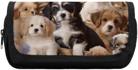 Cute Pet Dogs Pencil Case Double Layer Pencil Pouch Large Capacity Pencil Bag Double Zipper Portable Pen Case Makeup Bag for Men Women Travel Business Office