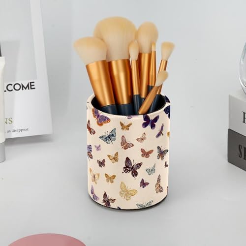 Faux Leather Pen Holder for Desk, Pencil Organizer Butterfly Pen Cup Desk Decor Makeup Brush Holder Storage for Office Home