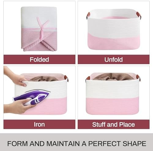 Large Cotton Rope Storage Basket with Leather Handles, Laundry Hamper Basket, 20 "L x 14" W x 12 "H, Durable & Stylish Organizer for Home.(Large Pink)