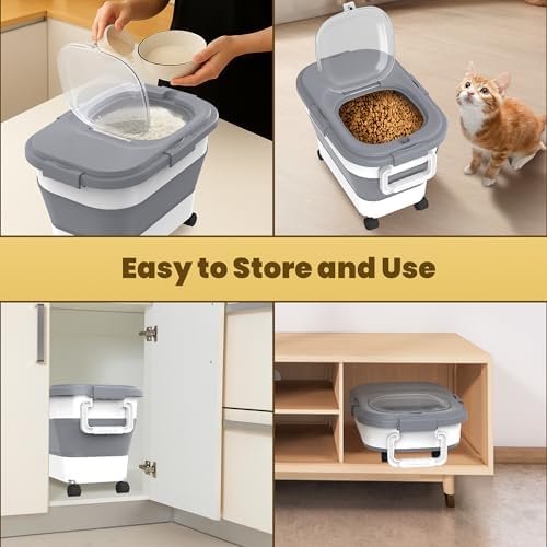 HOYTAMDA 20-30Lbs Collapsible Rice Container,Food Storage Containers Wheels | Rice Storage Container with Airtight Clear Lid,Handle,Small Bin &Scoop,Rice Dispenser for Flour Sugar Cereal Dog Cat Food