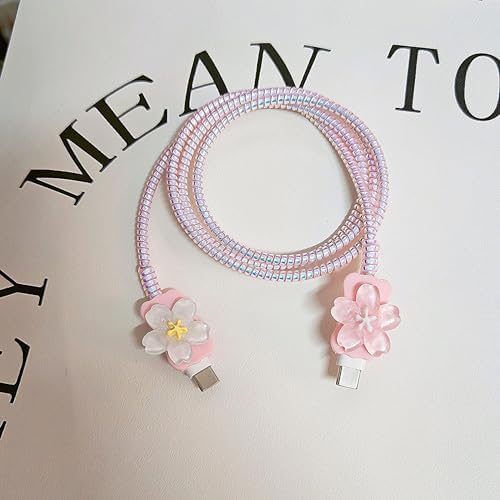 Flower Cable Protector for iPhone Charger Protector Cute 3D Cherry Blossoms Design,Floral iPad Charger Cover,Charger Cord Protector for Women Girl,DIY Phone Cord Protector for iPhone 15 16 17 Pro Max