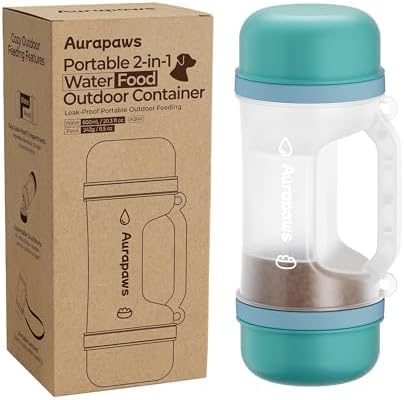 Dog Water Bottle with 20.3oz Water & 8.5oz Food Dispenser, 2 Detachable Bowls with Shoulder Strap, Leakproof Portable Travel Water Bottle for Pets Outdoor Walking, Hiking, Camping, Small