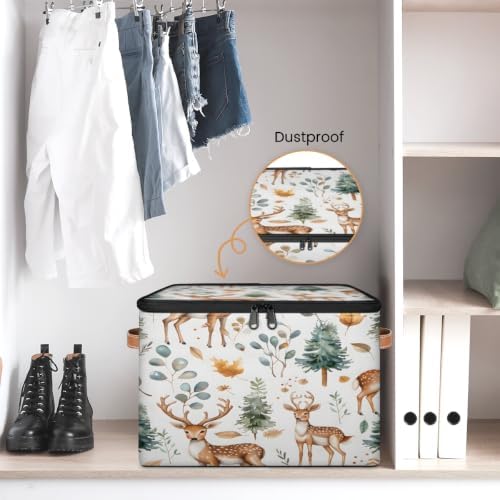 Cute Wild Deer Storage Box with Zipper Lid | Collapsible, Fabric, Storage Bin, Handle, Large, Closet Organizer, Containers, Bedroom, Home, Eucalyptus Leaf