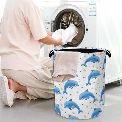 Cute Dolphins Laundry Basket,Stars Foldable Oxford Cloth Tote Bag Laundry Hamper Clothes Storage Bucket Organizer for Bedroom Laundry Storage Dormitories 16" x 20.8"