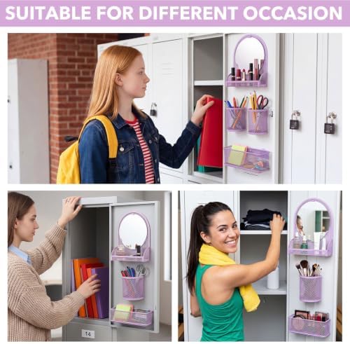 Weysat Set of 5 Magnetic Locker Accessories Mirror with 2 Magnetic Pen Holder and 2 Wire Mesh Storage Basket for Students Back to School Locker Organizer for Office End of School Years Gifts (Purple)