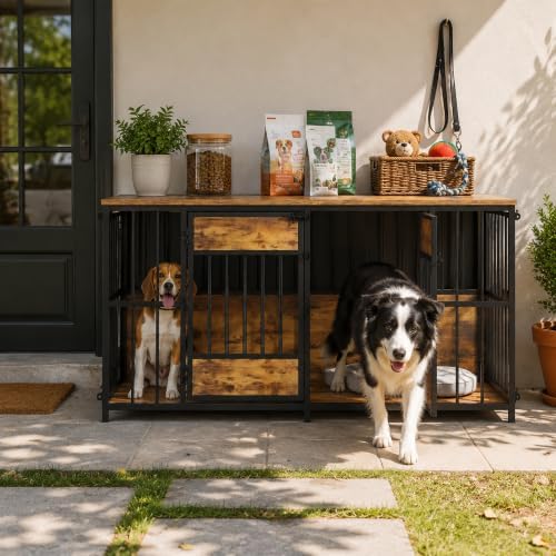 Semiocthome Dual Compartment Furniture Dog Crate, Antique Brown | Sturdy Metal Bars Dog Kennel with 4 Large Gates and Wood Storage Top, Indoor Pet Cage for Small and Medium Size Dogs