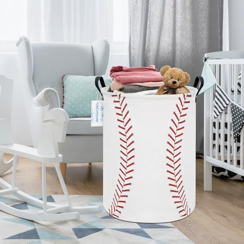Round Laundry Basket Collapsible Storage Hamper Organizer Red Baseball | Waterproof Canvas Foldable Baskets with sturdy Handles Multi-scene Organizer for Home Play Bedroom Gift Bin