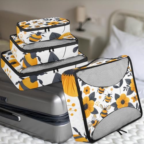 Bee 4 Set Packing Cubes Luggage Organizer Bags for Travel Accessories and Essentials, Yellow Floral